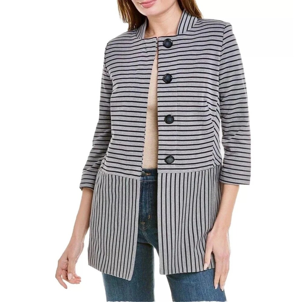 Cabi #5474 Dappled Striped Collarless Car Coat Navy Grey Sz L Jacket